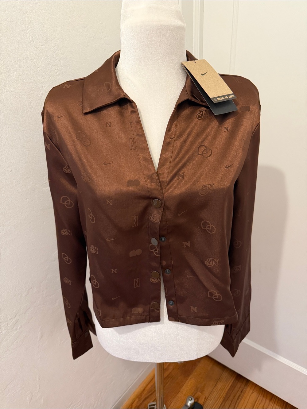 Nike Brown Satin Logo-Print Button Down Shirt